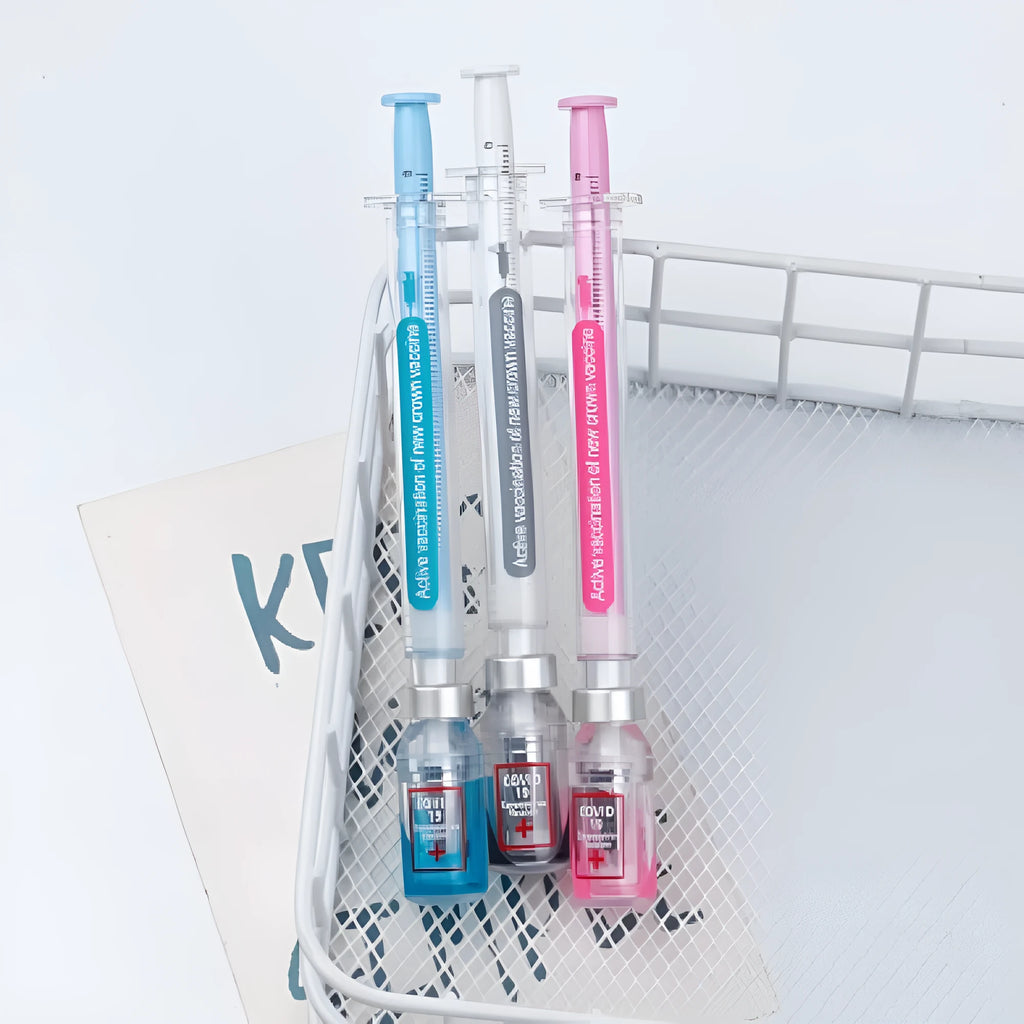 Vaccine design novelty gel pen with 0.5mm black refill, plastic construction, 15.7cm length