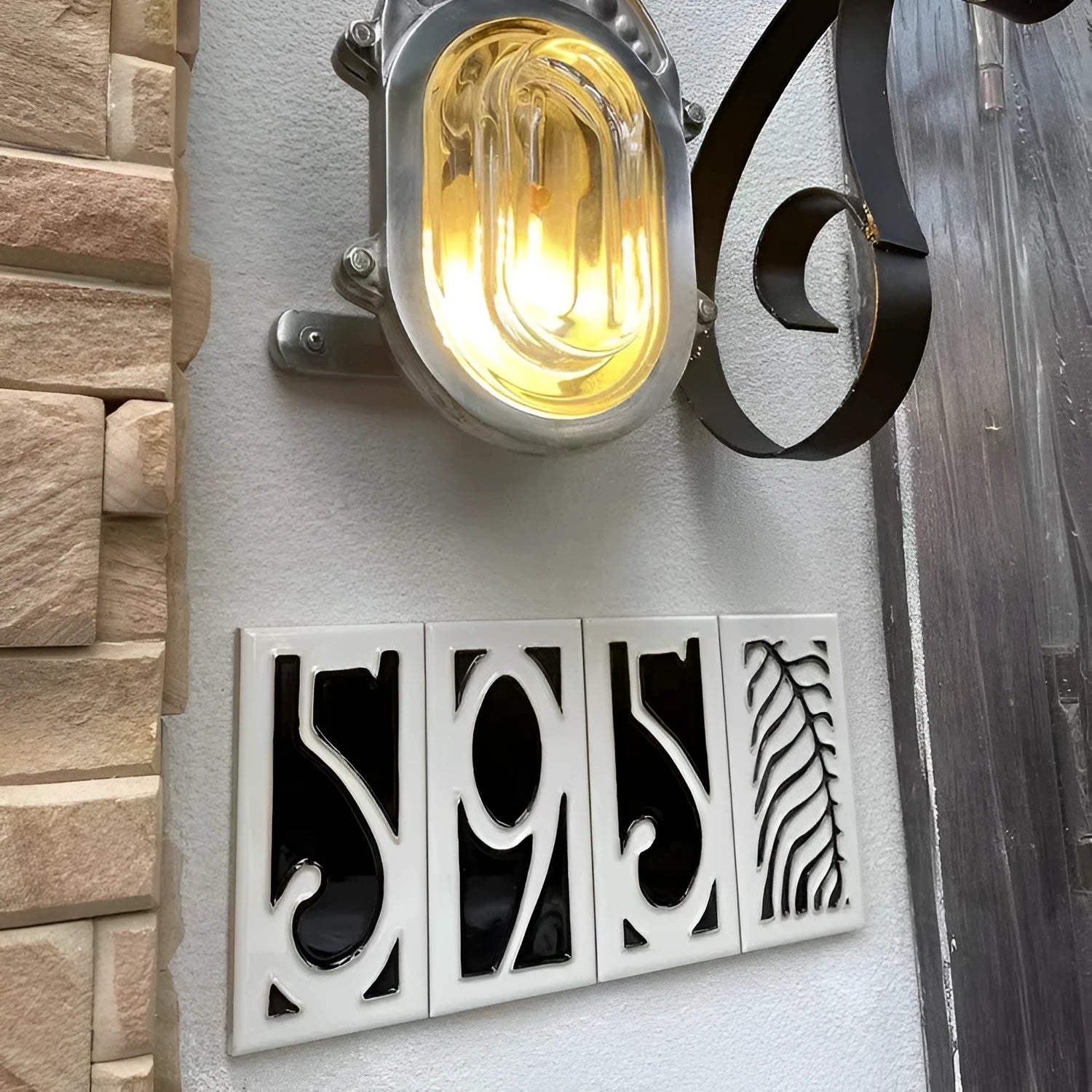 Handmade retro enamel ceramic doorplate showing number or Flower Patch design, 76mm by 152mm.