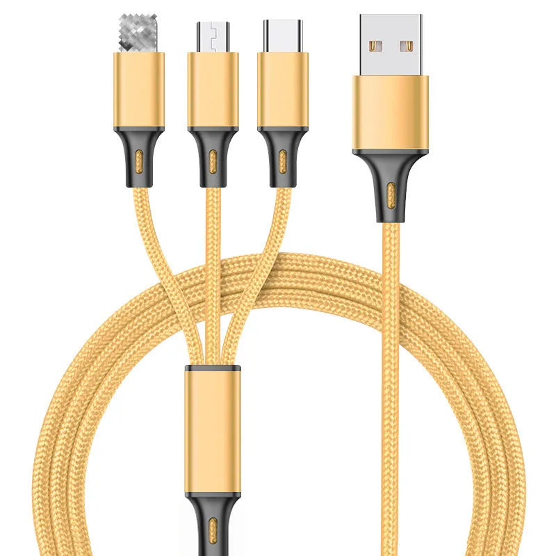 Braided 3-in-1 universal USB data cable in multiple colours, showing iPhone, Android, and Type-C connectors.