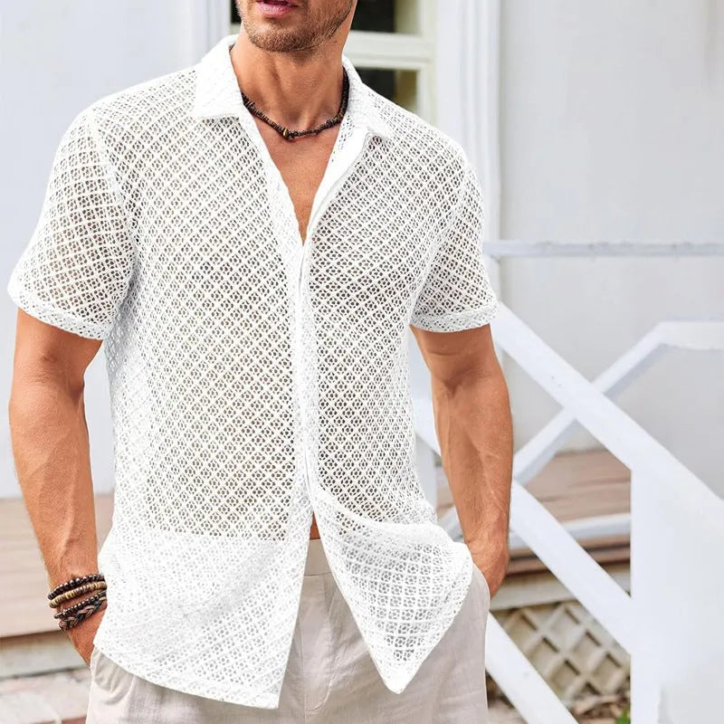 Men's short sleeve lapel collar shirt in cotton blend fabric available in multiple colours