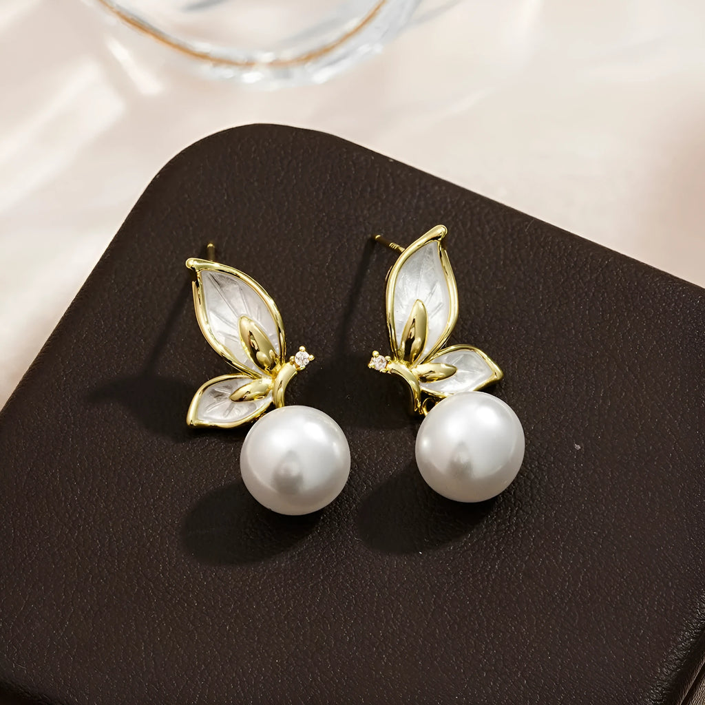 Gold tone butterfly earrings with zircon painting on copper for women