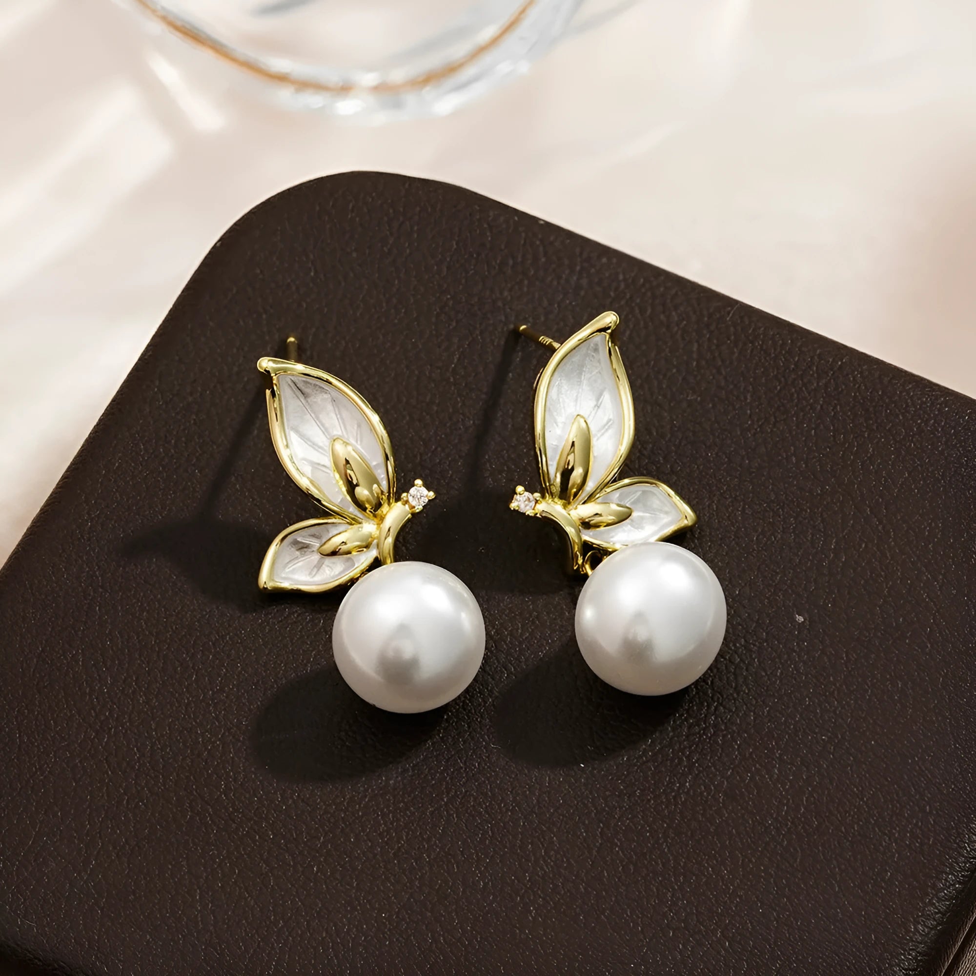 Gold tone butterfly earrings with zircon painting on copper for women