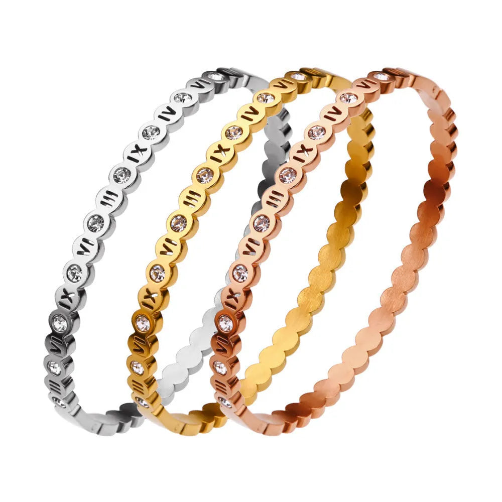 Titanium steel Korean style bracelet with numbers motif in gold, rose gold, or steel colour finish