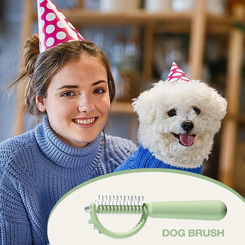 Blue dinosaur-shaped cat brush with stainless steel bristles for self-cleaning grooming