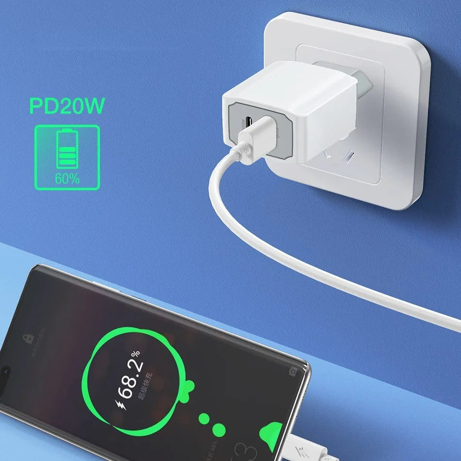 White USB fast charger set with European standard cable and fireproof ABS PC construction