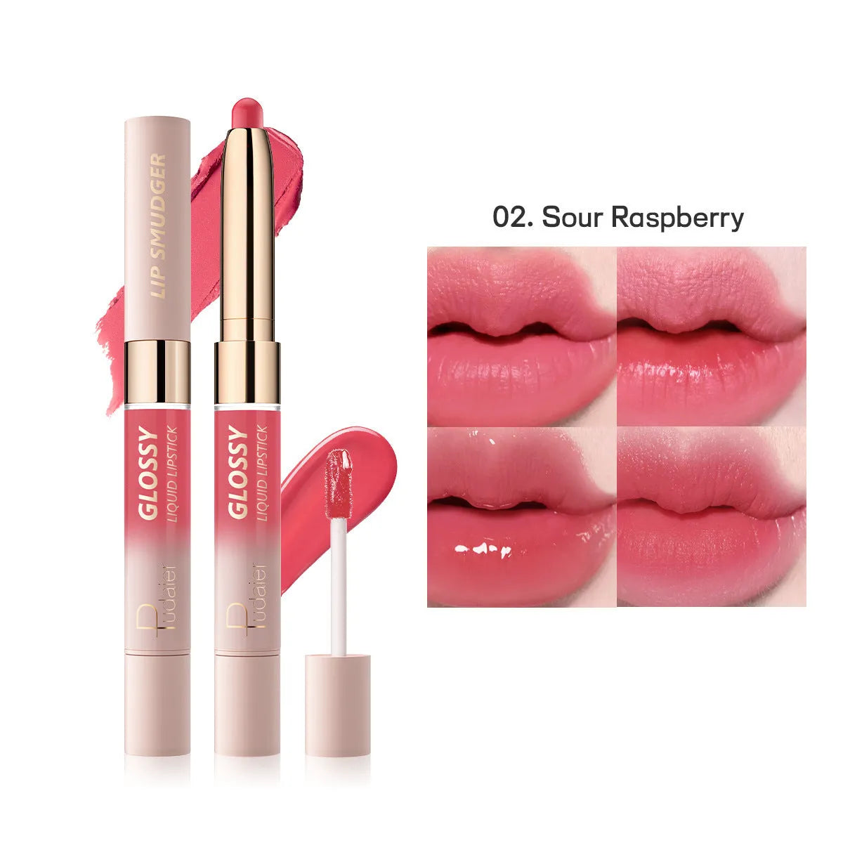 Double-headed lipstick and lip gloss in matte finish showing 10 colour options numbered 01 to 10