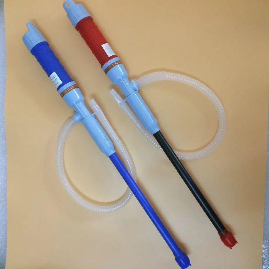 Blue manual hand pump siphon for transferring fuel and oil to vehicles and equipment