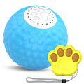 Remote control and interactive rolling ball cat toy with feather wand attachment in blue, green, and yellow colours.