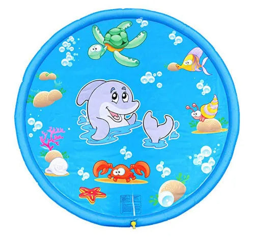 Blue PVC children's water spray play mat with marine animal designs laid out on grass.
