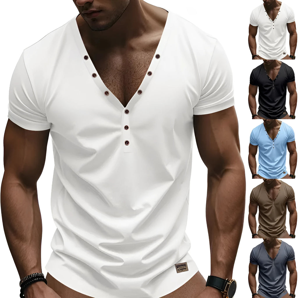 Men's loose thin v-neck pullover top with button detail in light blue colour