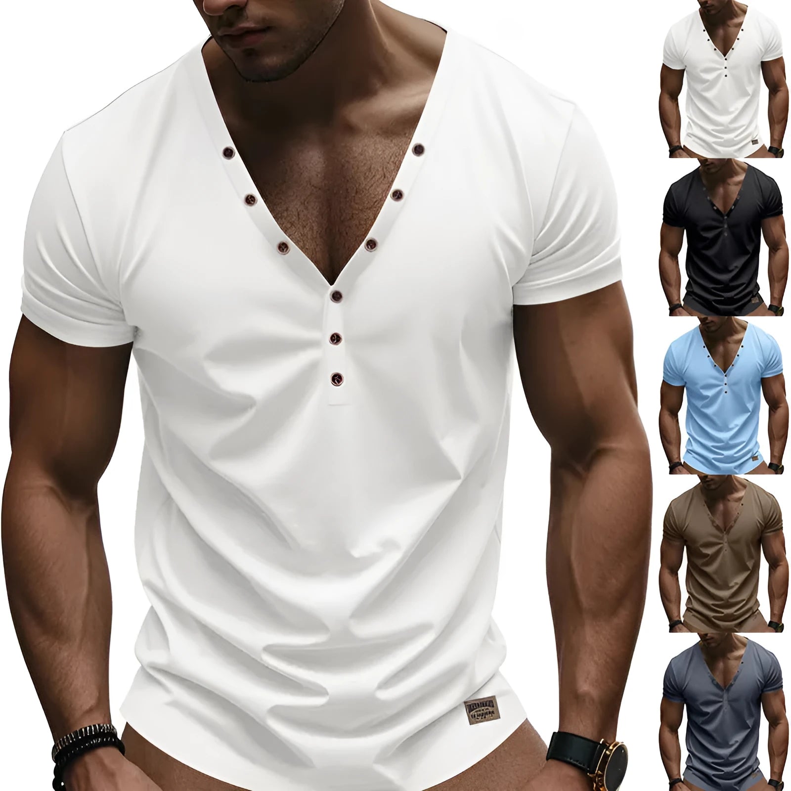 Men's loose thin v-neck pullover top with button detail in light blue colour