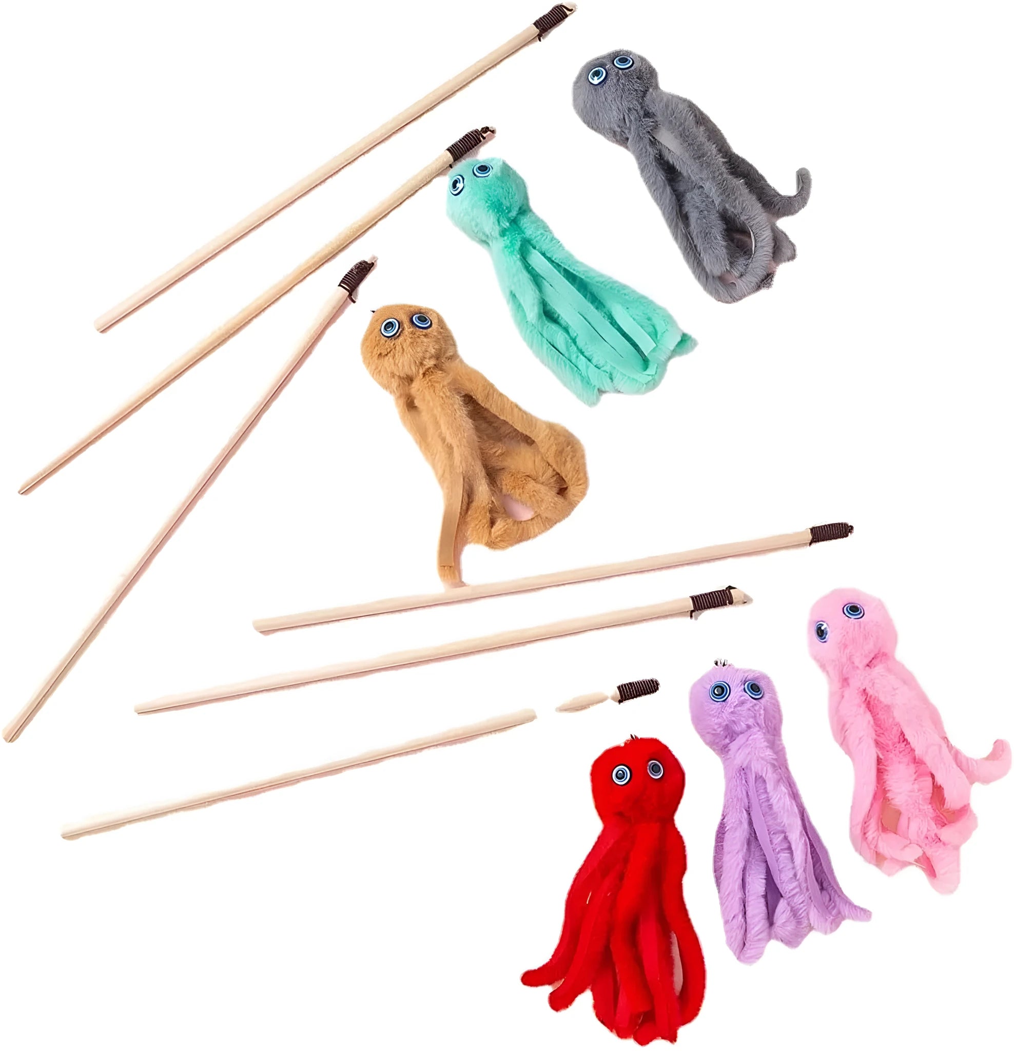 Long stick cat wand with colourful furry octopus toy for indoor kittens and cats