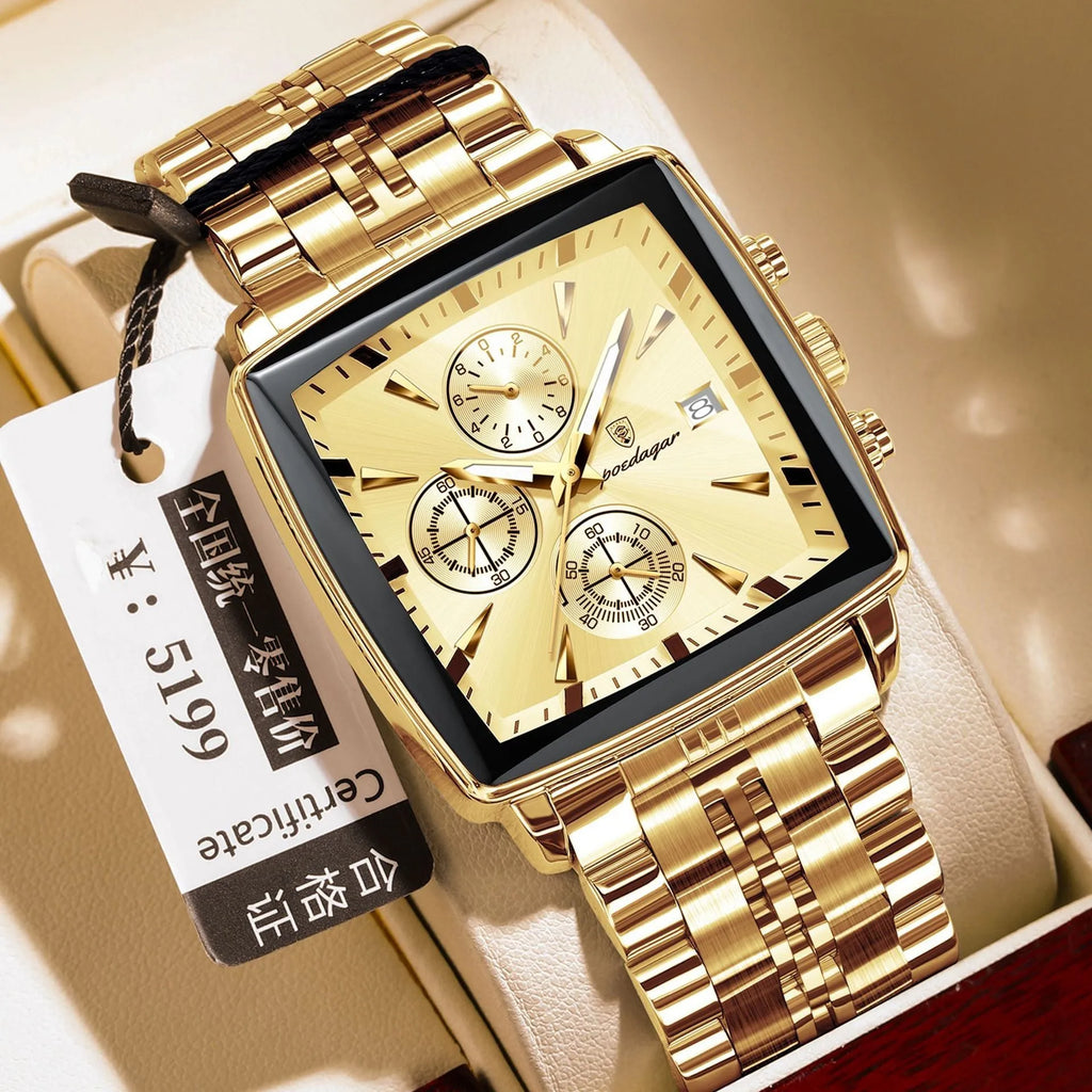 Square faced men's business watch with stainless steel strap in one of ten colour options.