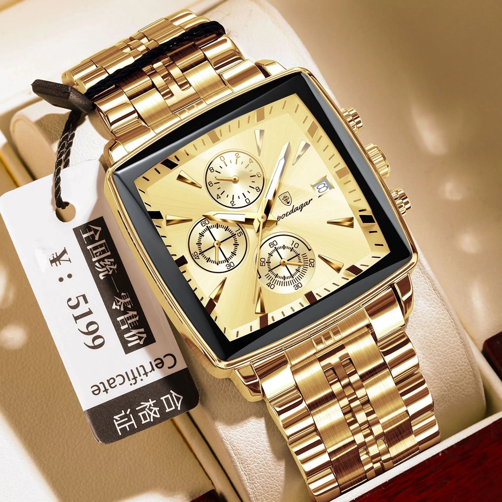 Square faced men's business watch with stainless steel strap in one of ten colour options.