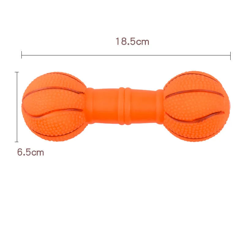 Non-toxic PVC squeaky dog toy shaped like a colourful football dumbbell.