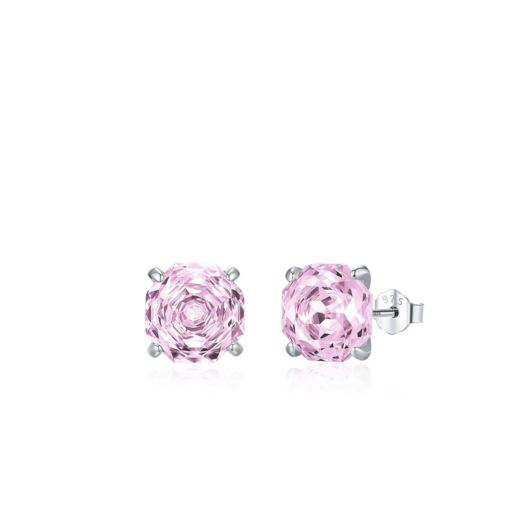Close-up of pink rose-shaped stud earrings made from S925 sterling silver, shown on a plain background.