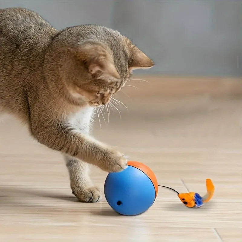 Interactive blue and orange cat toy ball with plush mouse attachment for feline exercise