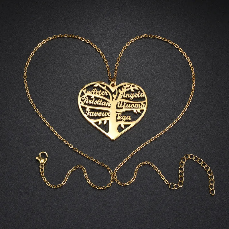 Personalised stainless steel necklace with hollow heart and family tree pendant engraved with names