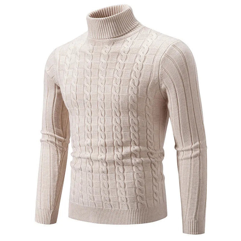 Men's slim fit chenille turtleneck pullover in dark gray on a hanger