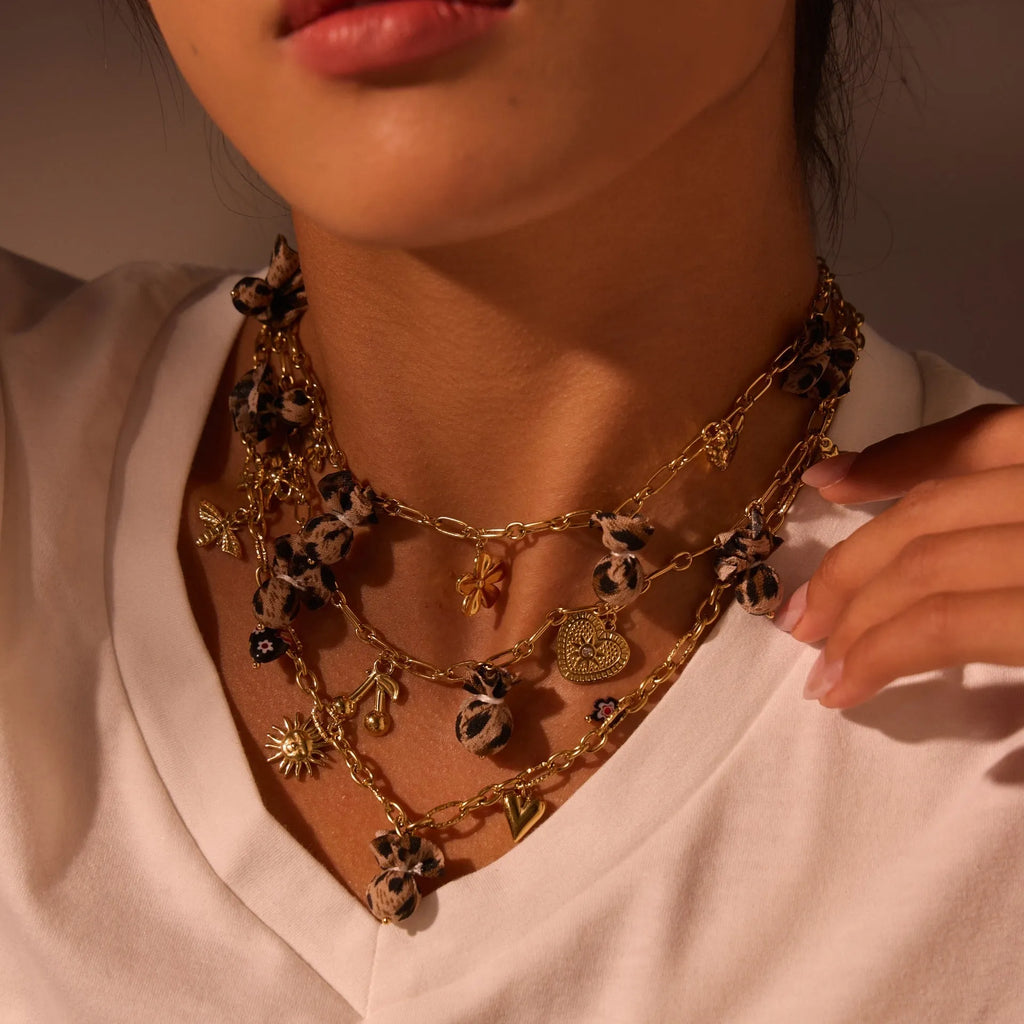 Geometric leopard and love heart flowers pendant necklace on stainless steel chain with 18K gold plating