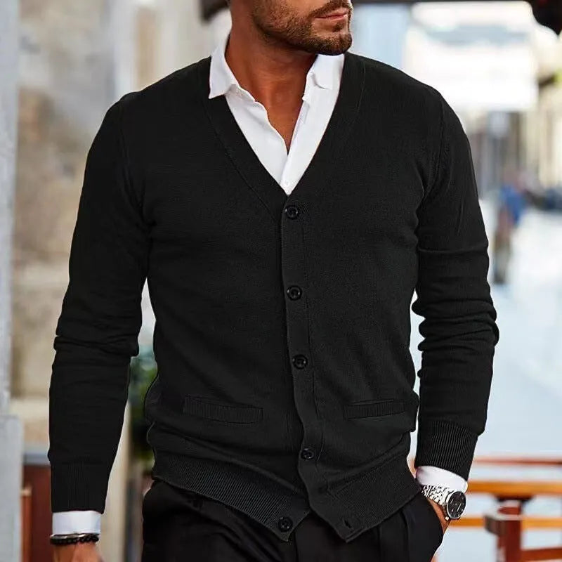 Men's slim fit acrylic cardigan sweater in wine red colour on hanger