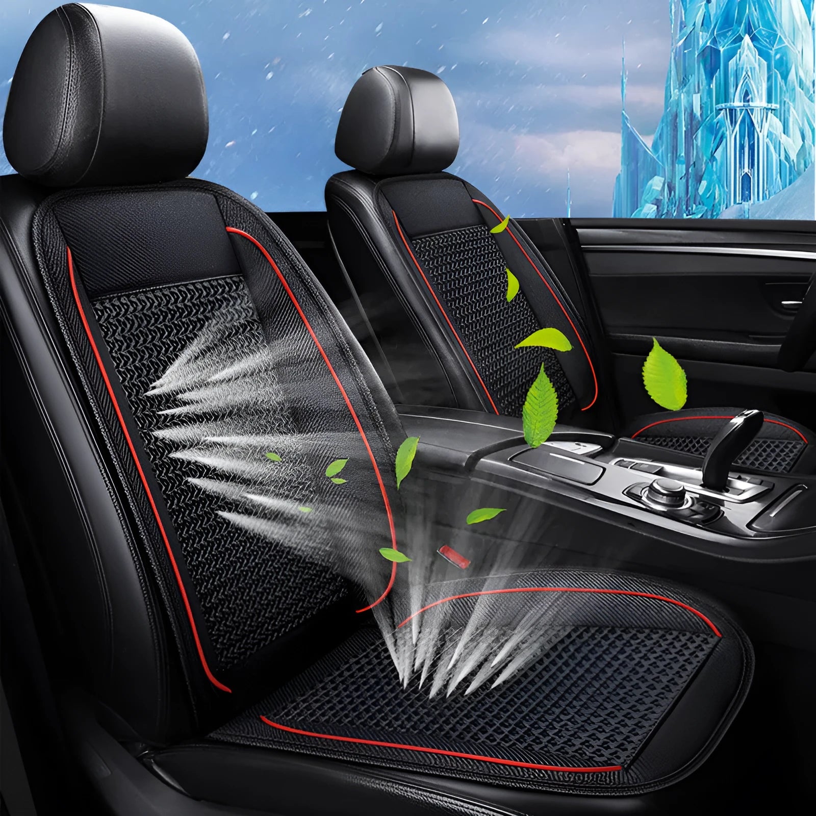 Black car ventilation seat cushion with massage function showing 60x60cm dimensions