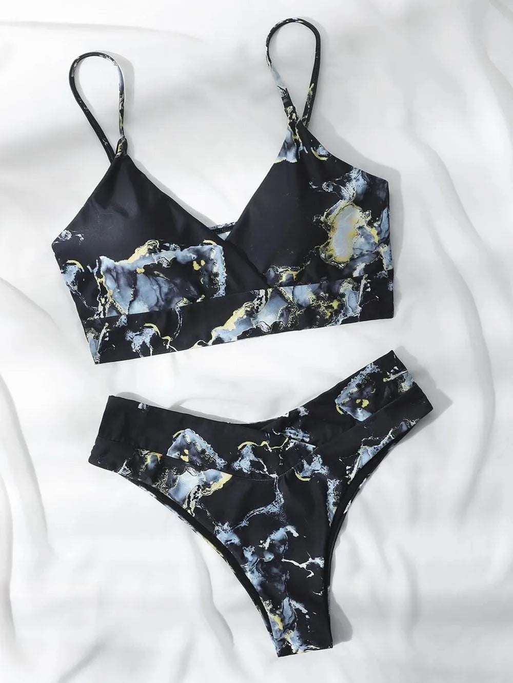 Women's marble tie-dye high waist bikini with U-neck top and separated swimwear design