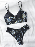 Women's marble tie-dye high waist bikini with U-neck top and separated swimwear design