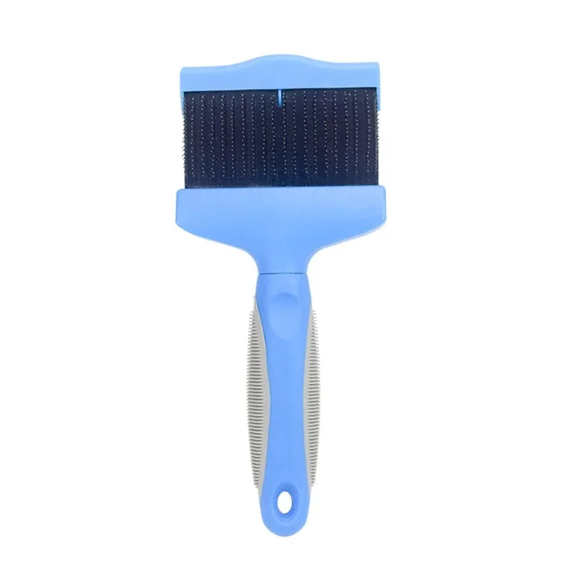 Blue double-sided pet brush showing stainless steel pins on one side and firm bristles on the other.