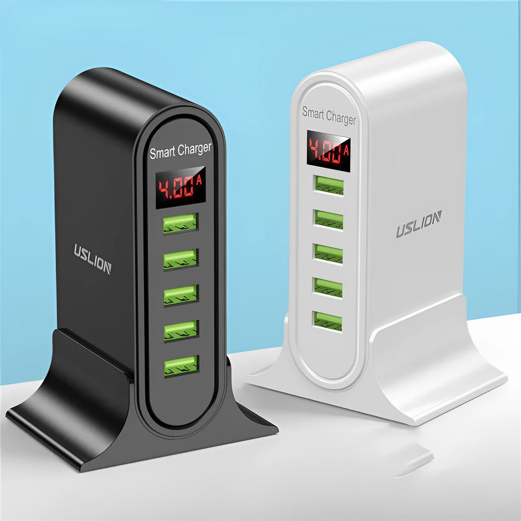 Smart LED digital display USB wall charger in black or white with EU, UK, or US plug.