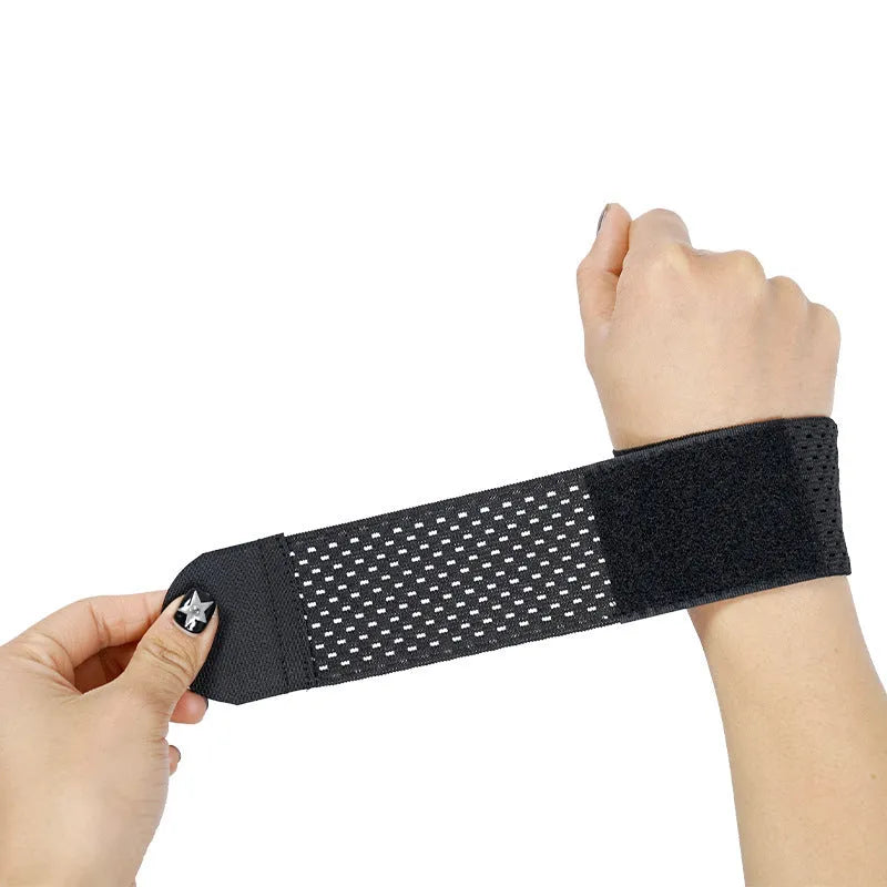 A high elastic breathable athletic wristguard shown in black, grey, and pink colour options.