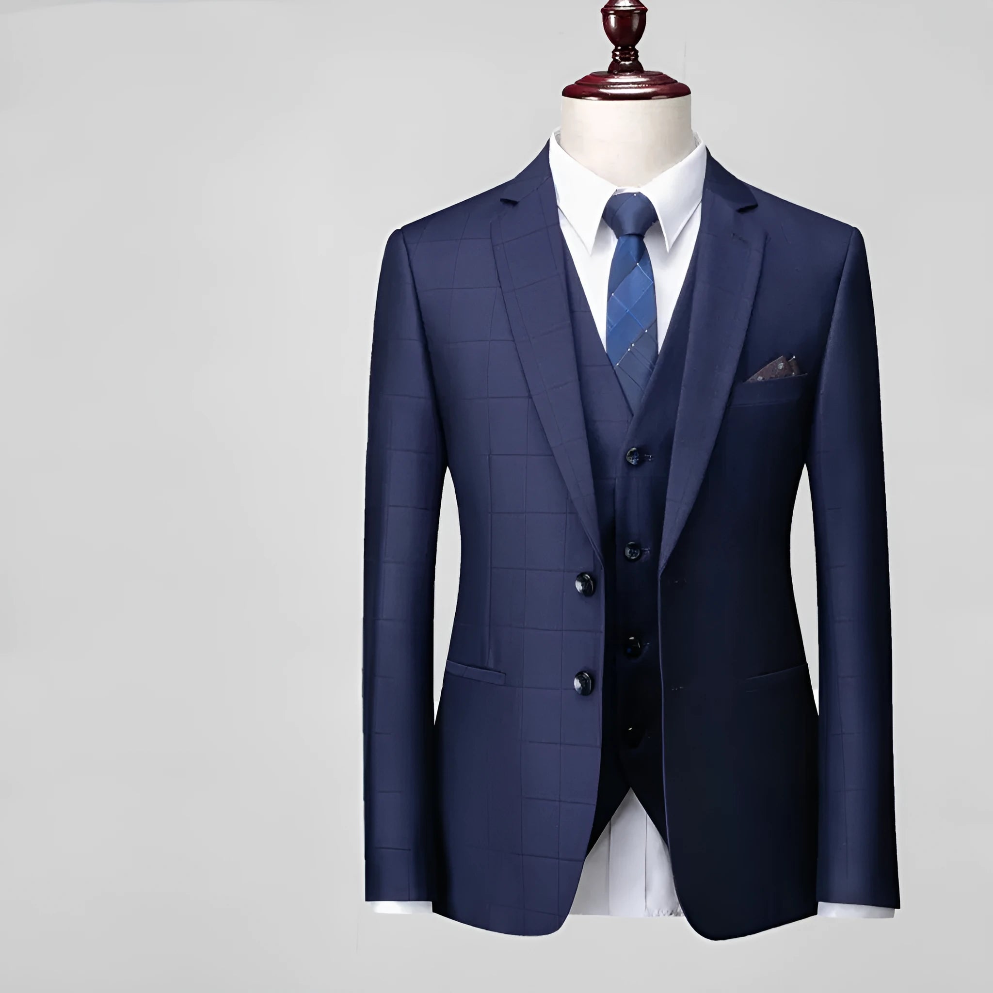Men's navy blue plaid three-piece slim fit business casual suit with vest