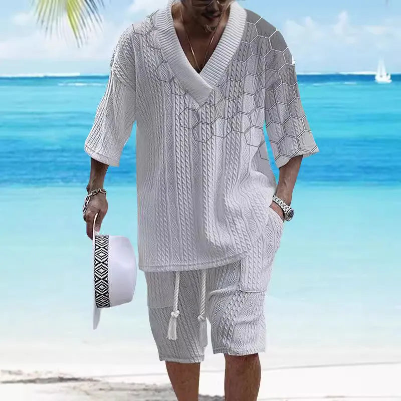 Men's printed drop-shoulder knitted shorts suit in polyester blend fabric