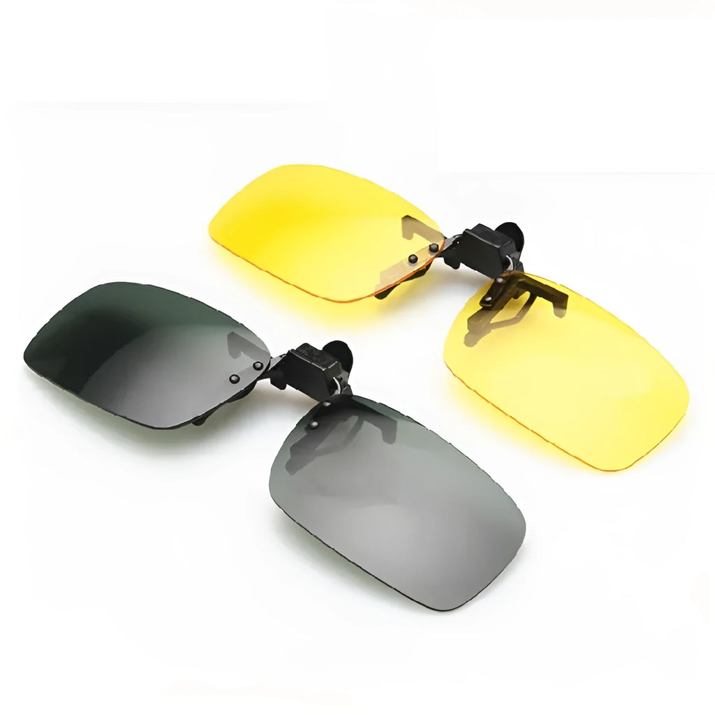 A clip-on sunglasses attachment for prescription glasses, shown in large and small sizes with grey, dark green, and night vision tinted PC lenses.