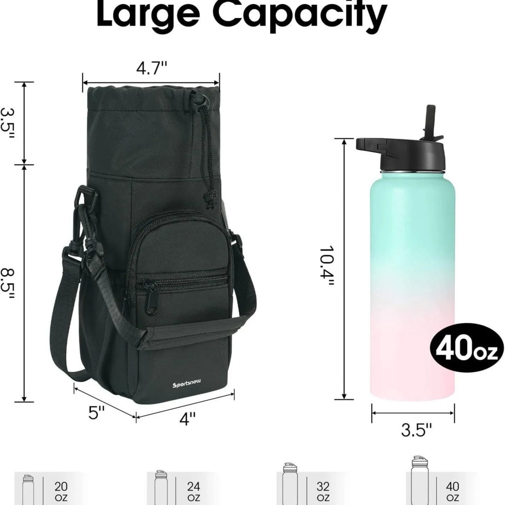 Cloth water bottle pouch crossbody bag in black, green, or pink colours with an adjustable strap.
