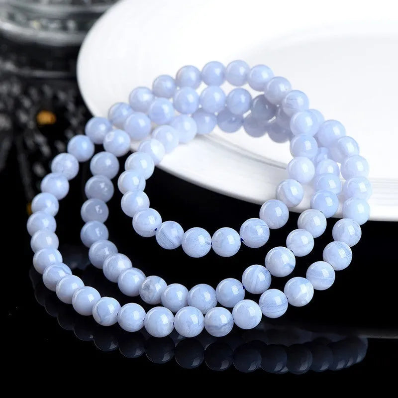 Blue agate bracelet with striped beads in 6-6.8mm three-circle arrangement