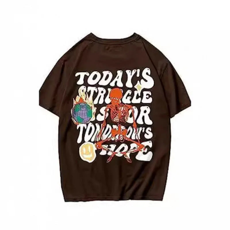 Men's printed short-sleeve street sports t-shirt on a hanger showing one of ten colour designs.