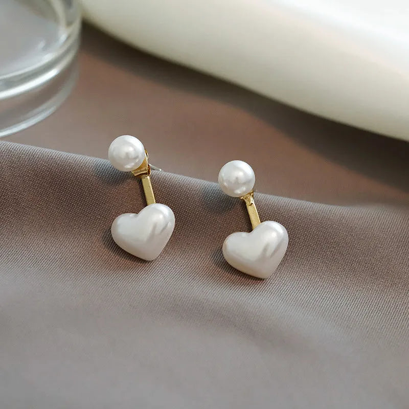 Korean style heart-shaped pearl stud earrings with alloy construction and electroplated finish