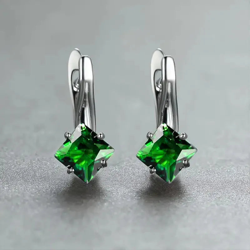 Copper diamond-shaped earrings for women with inlaid zircon stones in blue, green, and colour variants.