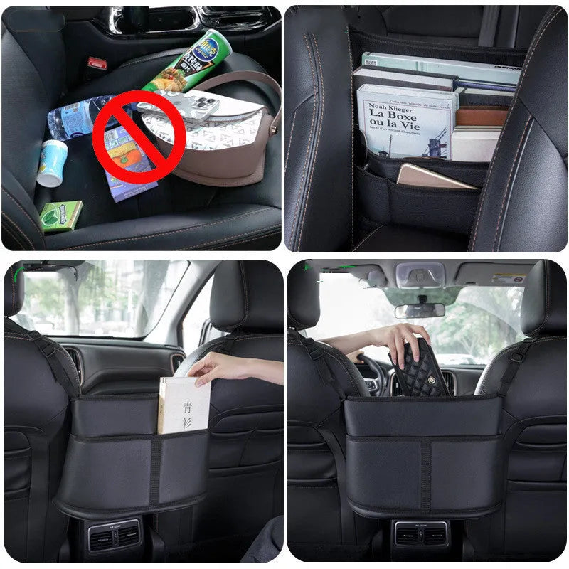 Black sports carbon fibre pattern leather car seat storage bag measuring 38cm wide