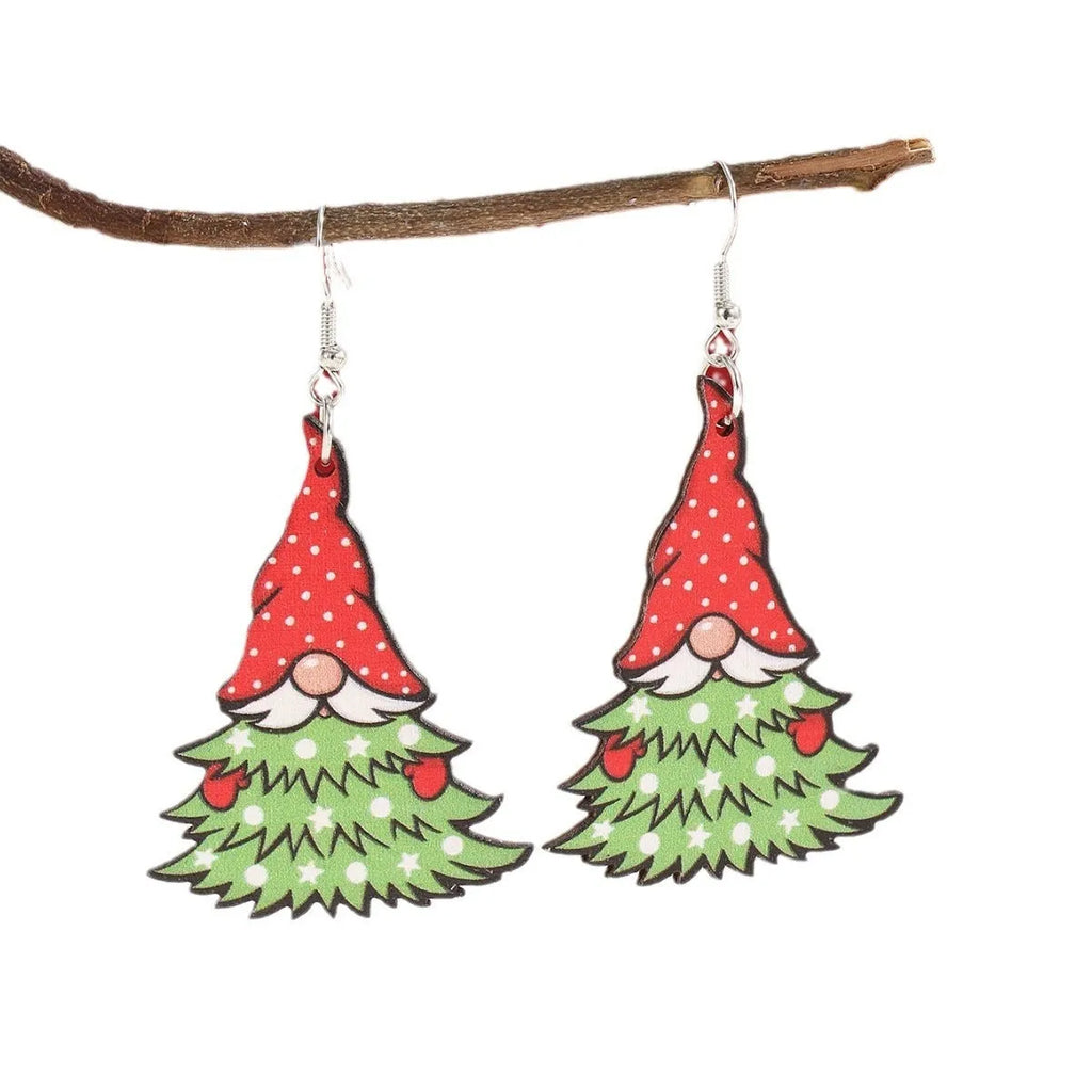 Wooden Christmas earrings with geometric shapes and printed Santa Claus holiday designs