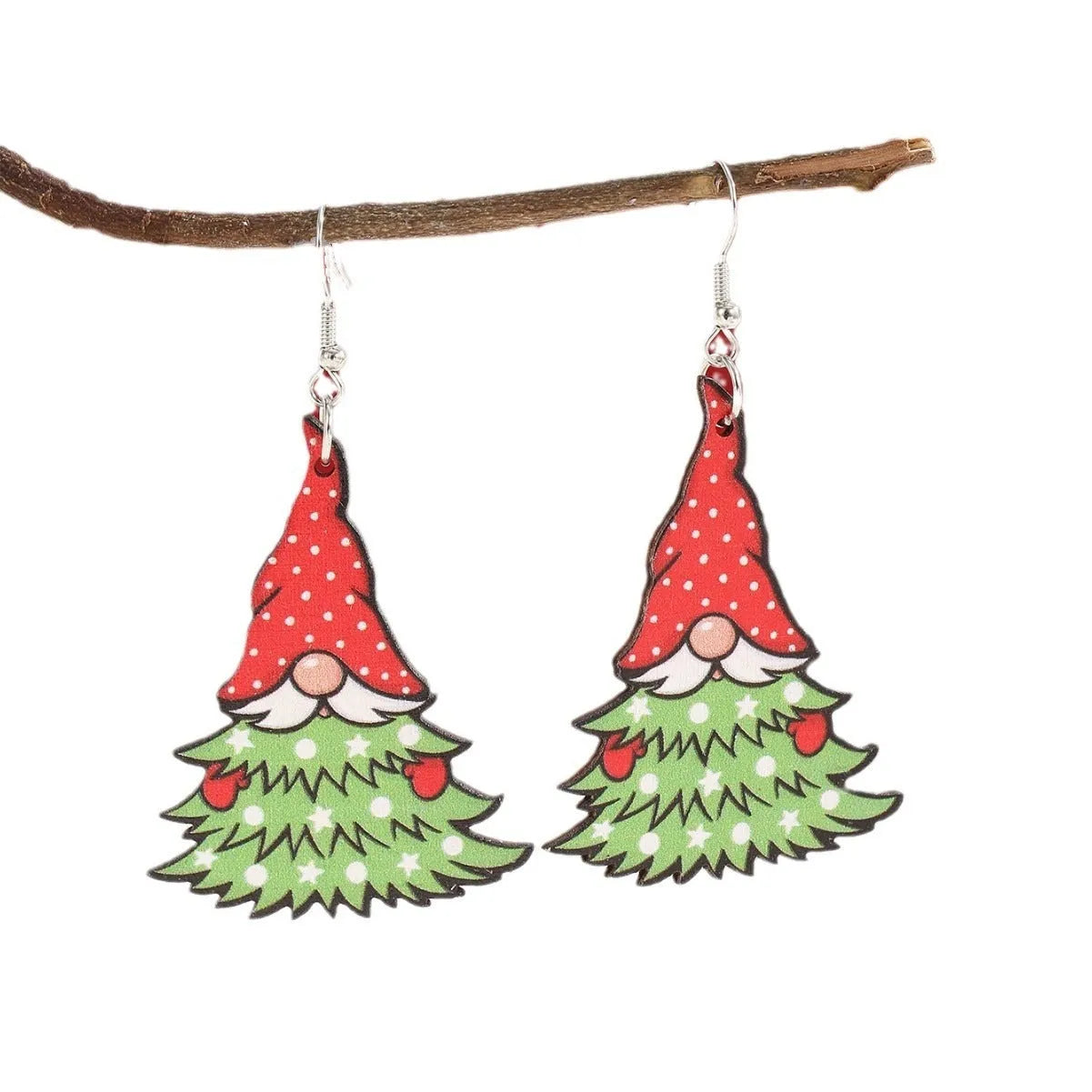 Wooden Christmas earrings with geometric shapes and printed Santa Claus holiday designs