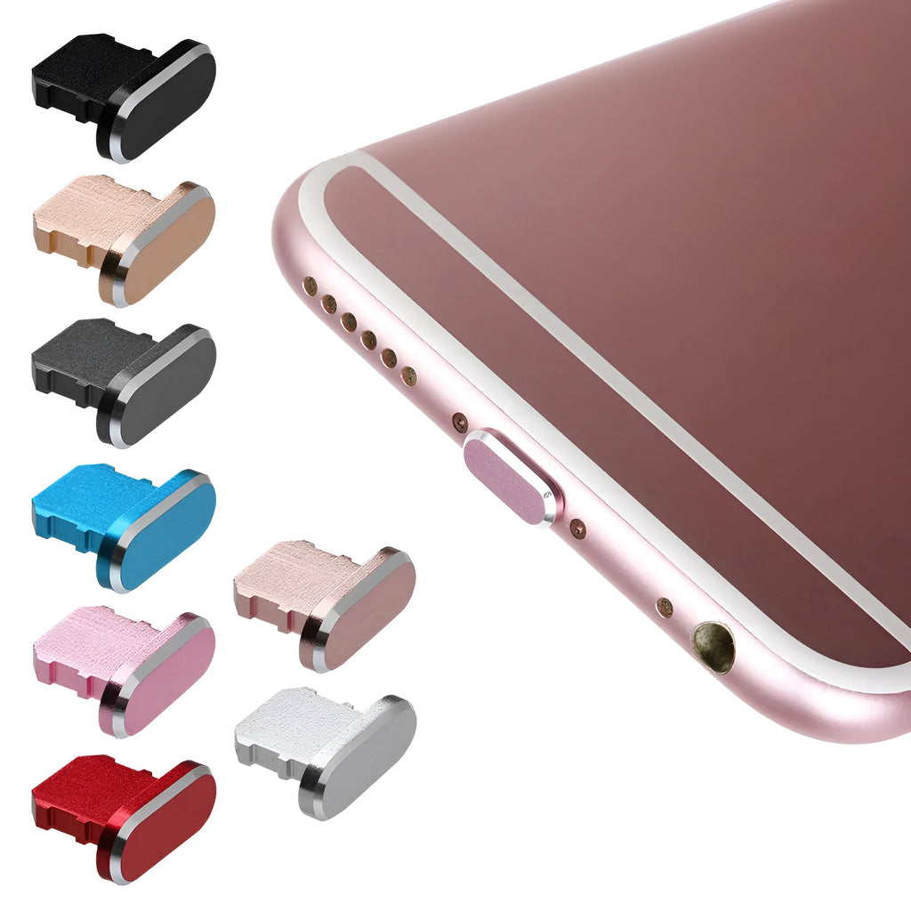 Aluminium alloy mobile phone charging port dust plug for iPhone, shown in a metallic colour.