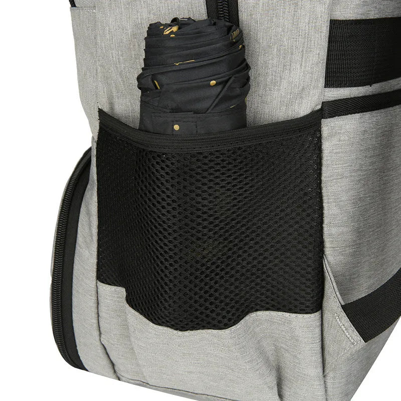 Oxford cloth insulated backpack shown in light grey, featuring curved shoulder straps and a pull-rod belt accessory.
