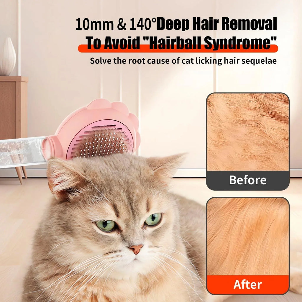 Grey spray cat brush with release button and stainless steel bristles for pet grooming