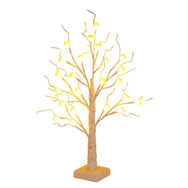 60cm tall LED mushroom tree lamp with 24 white flowers on birch design, warm white lighting