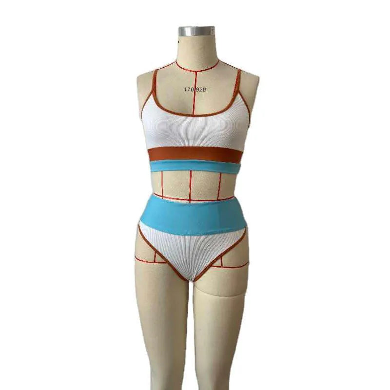 Women's solid colour quick-drying swimwear set with bikini top and shorts