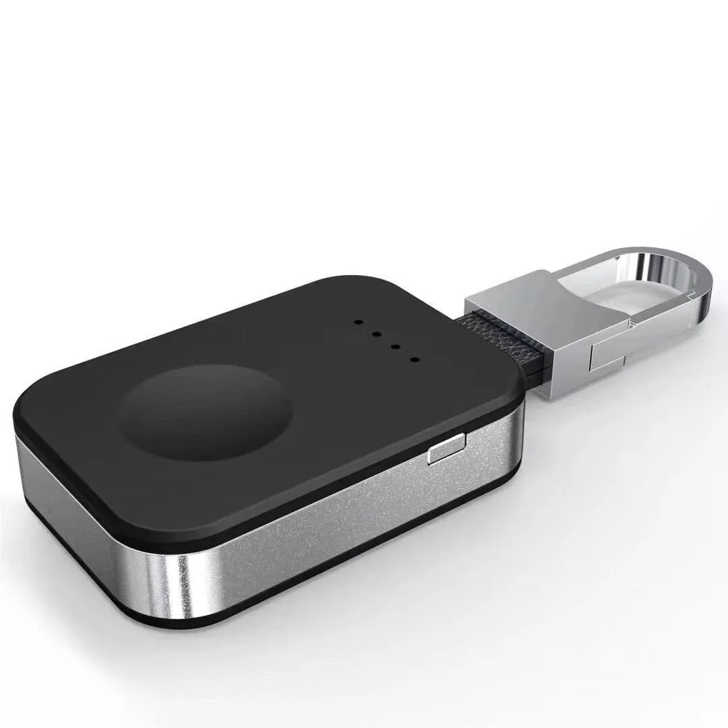 Black Apple Watch keychain power bank showing portable wireless charger dimensions