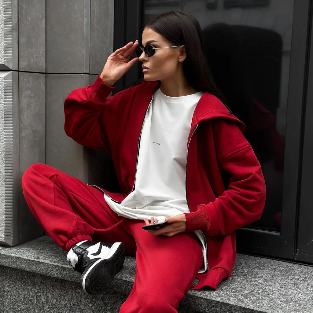Red loose fit women's long-sleeve coat and trousers two-piece street style set.