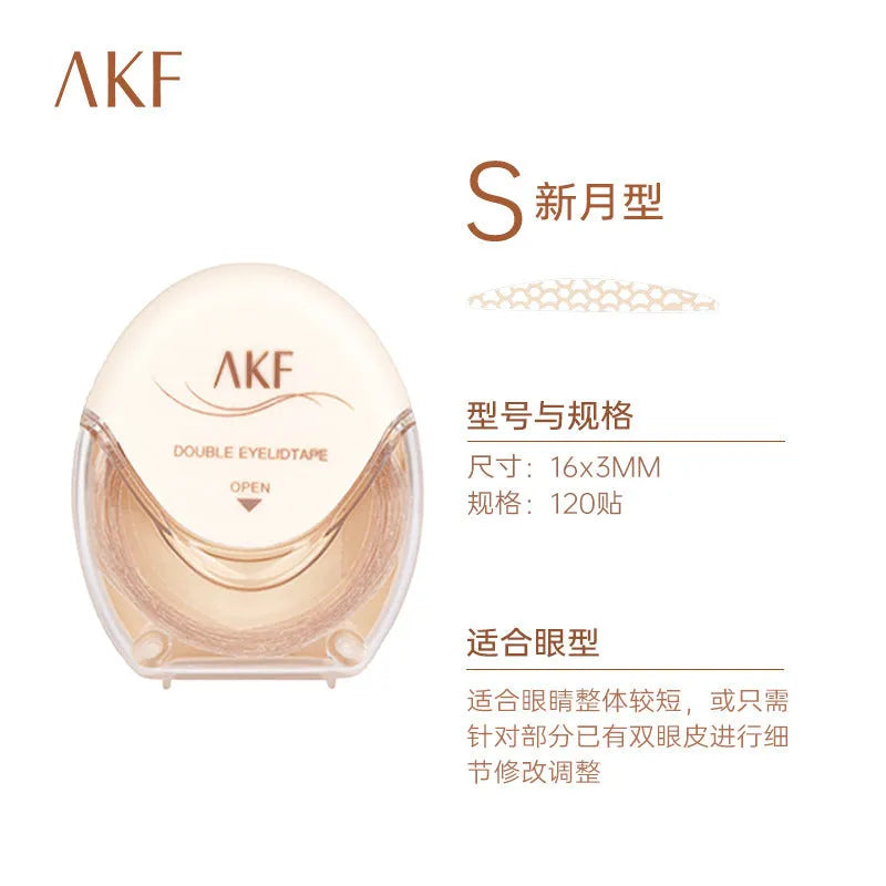 Roll of 120 clear lace double eyelid stickers in crescent and olive M shapes on skin.